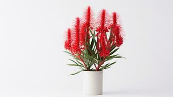 Photo of Bottlebrush flower in pot isolated on white background. Generative AI