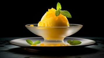 foto de mango sorbete como un plato en un gama alta restaurante. generativo ai
