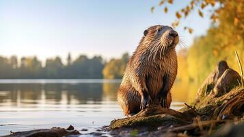 Close-up photo of a Nutria looking in their habitat. Generative AI