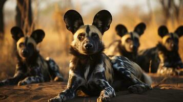 Photo of a herd of African Wild Dog resting in an open area on the Savanna. Generative AI