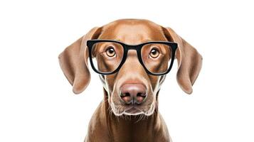 Photo of a Weimaraner dog using eyeglasses isolated on white background. Generative AI