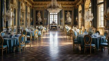 Photo of the dining room at the Palace of Versaille, France. Generative AI