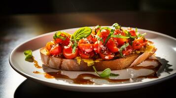Photo of Bruschetta with Fresh Tomatoes as a dish in a high-end restaurant. Generative AI