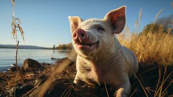 Close-up photo of a Pig looking any direction. Generative AI