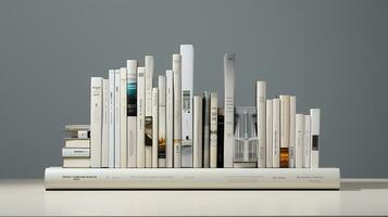 3d rendering of a book shelf with books in front of grey background. Generative AI photo