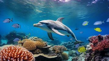 Photo of Dolphin with various fish between healthy coral reefs in the blue ocean. Generative AI