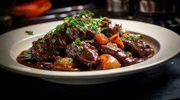 foto de carne de vaca Bourguignon como un plato en un gama alta restaurante. generativo ai