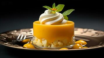 foto de mango mousse como un plato en un gama alta restaurante. generativo ai