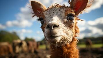 de cerca foto de un llama mirando ninguna dirección. generativo ai