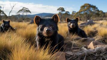 Photo of a herd of Tasmanian Devil resting in an open area on the Savanna. Generative AI