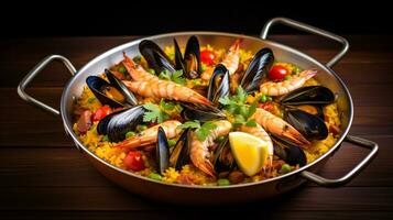 Photo of Seafood Paella as a dish in a high-end restaurant. Generative AI