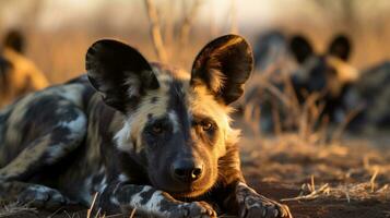 Photo of a herd of African Wild Dog resting in an open area on the Savanna. Generative AI