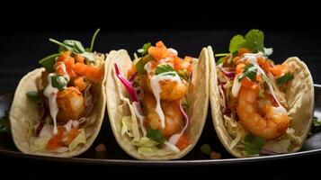 Photo of Coconut Shrimp Tacos as a dish in a high-end restaurant. Generative AI