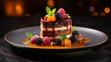 Photo of Fruitcake as a dish in a high-end restaurant. Generative AI