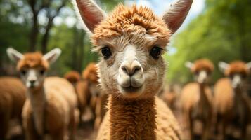 de cerca foto de un alpaca mirando ninguna dirección. generativo ai