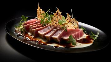 foto de atún tataki como un plato en un gama alta restaurante. generativo ai