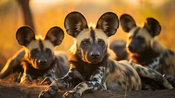 Photo of a herd of African Wild Dog resting in an open area on the Savanna. Generative AI