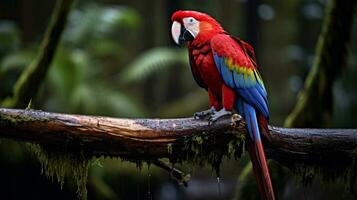 foto de un escarlata guacamayo en pie en un caído árbol rama a Mañana. generativo ai