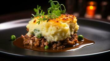 Photo of Shepherds Pie as a dish in a high-end restaurant. Generative AI