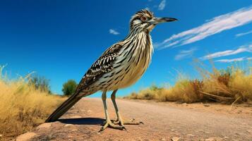 foto de un correcaminos en un Desierto con azul cielo. generativo ai