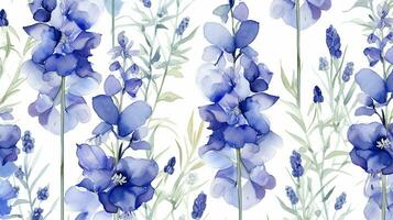 Seamless pattern of Delphinium flower in watercolor style isolated on white background. Delphinium flower texture background. Generative AI photo