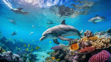 Photo of Dolphin with various fish between healthy coral reefs in the blue ocean. Generative AI