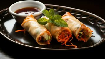 foto de tailandés primavera rollos como un plato en un gama alta restaurante. generativo ai