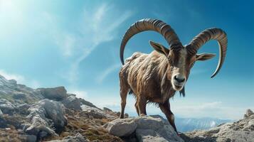 Photo of a Ibex under Blue Sky. Generative AI