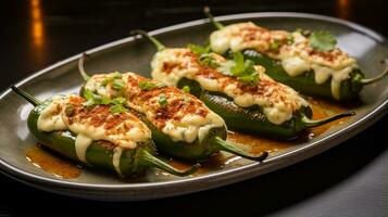 Photo of Stuffed Jalapenos as a dish in a high-end restaurant. Generative AI