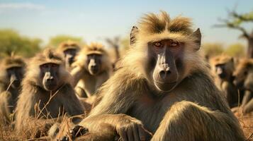 Photo of a herd of Baboon resting in an open area on the Savanna. Generative AI