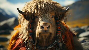 Close-up photo of a Yak looking any direction. Generative AI