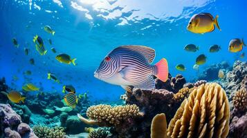 foto de platija con varios pescado Entre sano coral arrecifes en el azul océano. generativo ai