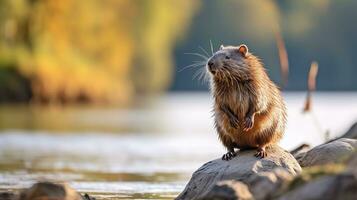Close-up photo of a Muskrat looking in their habitat. Generative AI