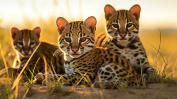 foto de un manada de ocelote descansando en un abierto zona en el sabana. generativo ai