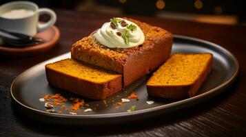 Photo of Pumpkin Bread as a dish in a high-end restaurant. Generative AI