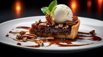 Photo of Pecan Pie as a dish in a high-end restaurant. Generative AI