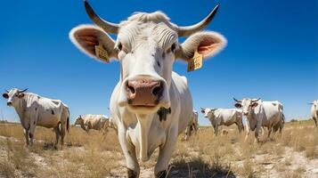 Photo of a Zebu under Blue Sky. Generative AI