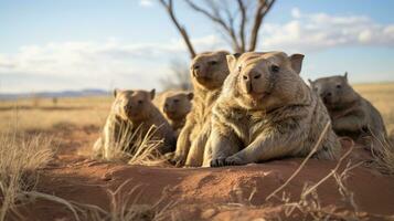 Photo of a herd of Wombat resting in an open area on the Savanna. Generative AI
