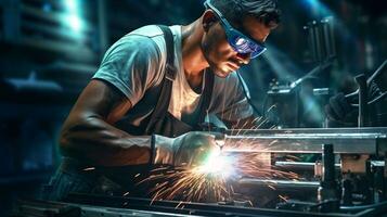 Photo of factory worker do laser. Generative AI