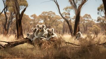 Photo of a herd of Koala resting in an open area on the Savanna. Generative AI
