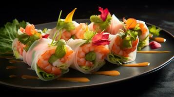 foto de verano rollos como un plato en un gama alta restaurante. generativo ai