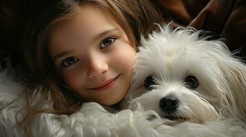 selfie foto de un pequeño chico con su perro . generativo ai