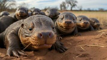 Photo of a herd of Platypus resting in an open area on the Savanna. Generative AI