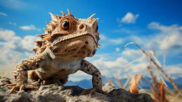 Photo of a Horned Toad under Blue Sky. Generative AI