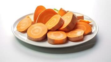 Photo of Sweet potatoes sliced pieces on minimalist plate isolated on white background. generative ai