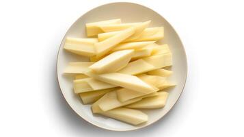 Photo of Bamboo shoots sliced pieces isolated on white background.