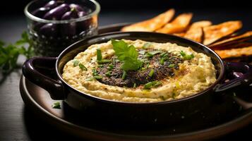 Photo of Moutabal - Eggplant Dip as a dish in a high-end restaurant. Generative AI