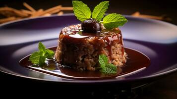 Photo of Rice and Date Pudding - Roz Bel Tamr as a dish in a high-end restaurant. Generative AI