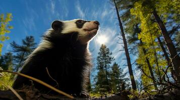 Photo of Skunk in ther forest with blue sky. Generative AI