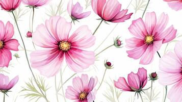 Seamless pattern of Cosmos flower in watercolor style isolated on white background. Cosmos flower texture background. Generative AI photo